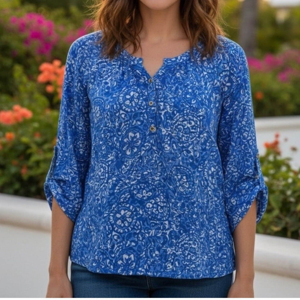 LILLY PULITZER‎ Elsa Silk Blouse Blue Top Floral Roll Tan Sleeve Large